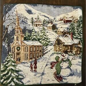 Christmas Themed Tapestry Pillow Cover Zipper Winter Scene 15 X 15” Solid Green